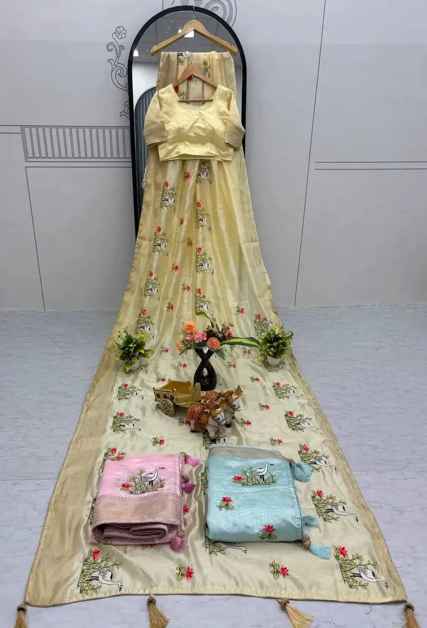 Sky Blue Thread Embroidered Jacquard Saree flat lay with blouse piece